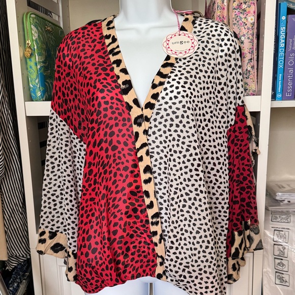 UMGEE ANIMAL PRINT RUFFLED SLEEVE SURPLICE TOP. LIGHTWEIGHT SHEER, HIGH LOW HEM - Picture 4 of 12